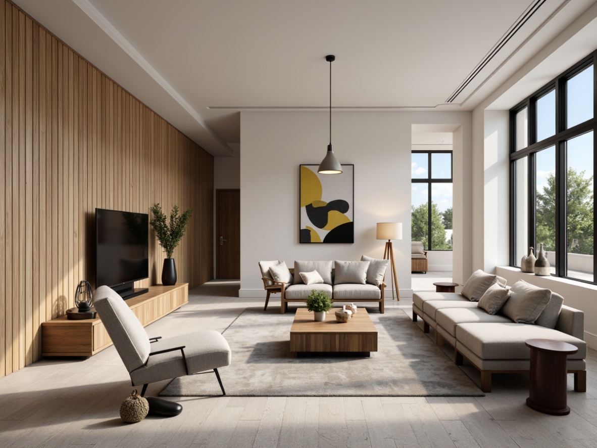 Prompt: Modern living room, sleek furniture, minimalist decor, optimized layout, functional spaces, comfortable seating areas, ergonomic chairs, wooden coffee tables, floor lamps, soft carpeting, calming color palette, natural lighting, 3/4 composition, shallow depth of field, realistic textures, ambient occlusion.