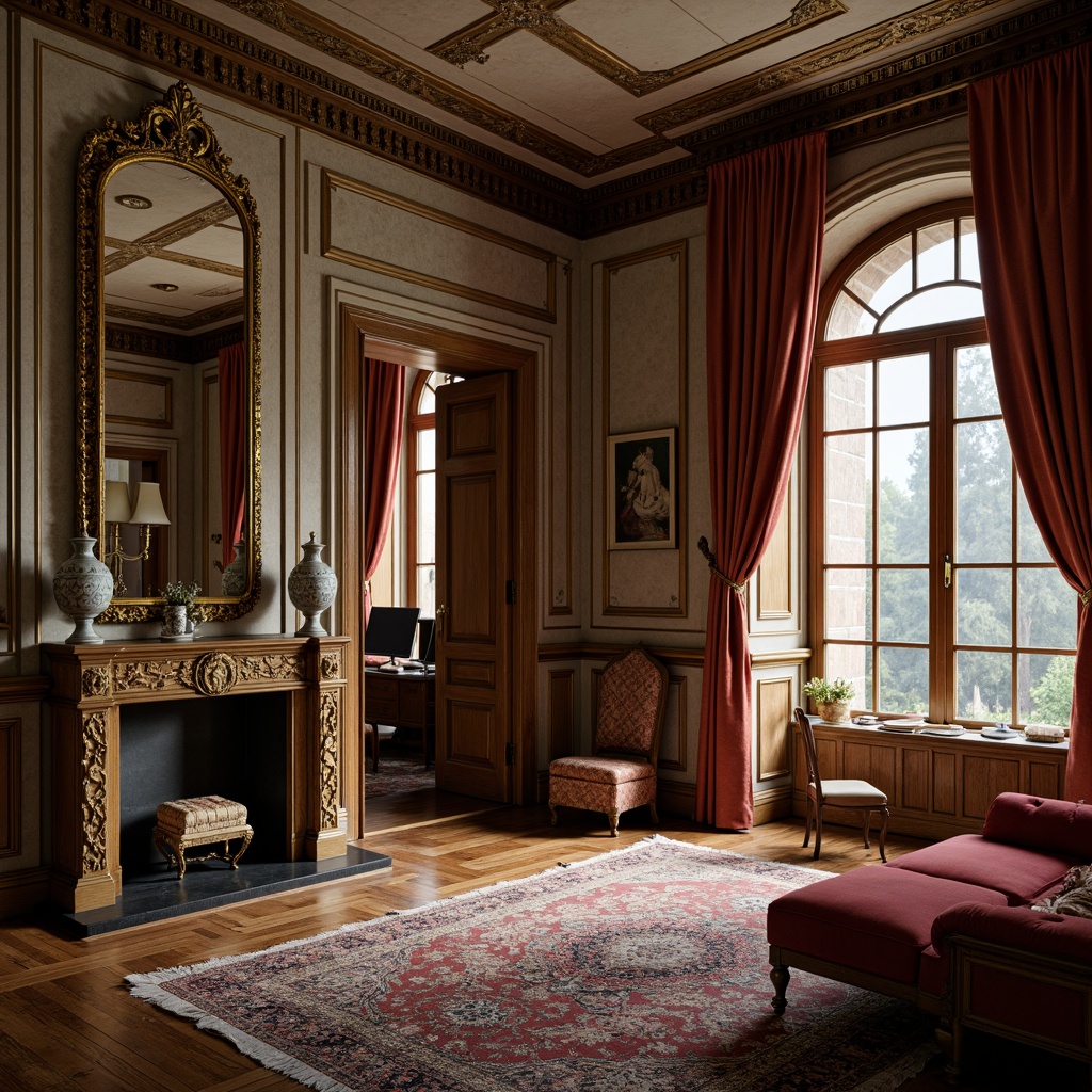 Prompt: Luxurious boudoir, ornate mirrors, carved wooden furnishings, velvet upholstery, gilded accents, delicate porcelain vases, intricately patterned rugs, soft warm lighting, French provincial influences, distressed finishes, curved lines, ornamental carvings, lavish fabrics, opulent textures, elegant silhouettes, rich jewel tones, subtle sheen, 1/1 composition, intimate atmosphere, realistic reflections.