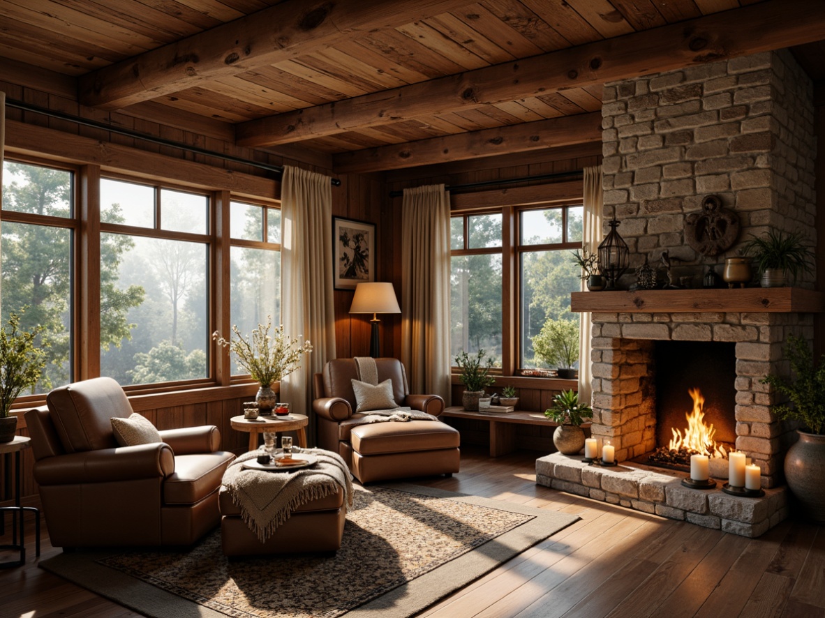 Prompt: Cozy cabin, reclaimed wood accents, earthy tones, natural fabrics, woven baskets, vintage rugs, plush throw blankets, distressed leather armchairs, stone fireplace, warm candlelight, soft shadows, rustic metal decor, wooden beams, earthy scent, forest surroundings, misty morning, warm golden lighting, shallow depth of field, 1/1 composition, realistic textures, ambient occlusion.