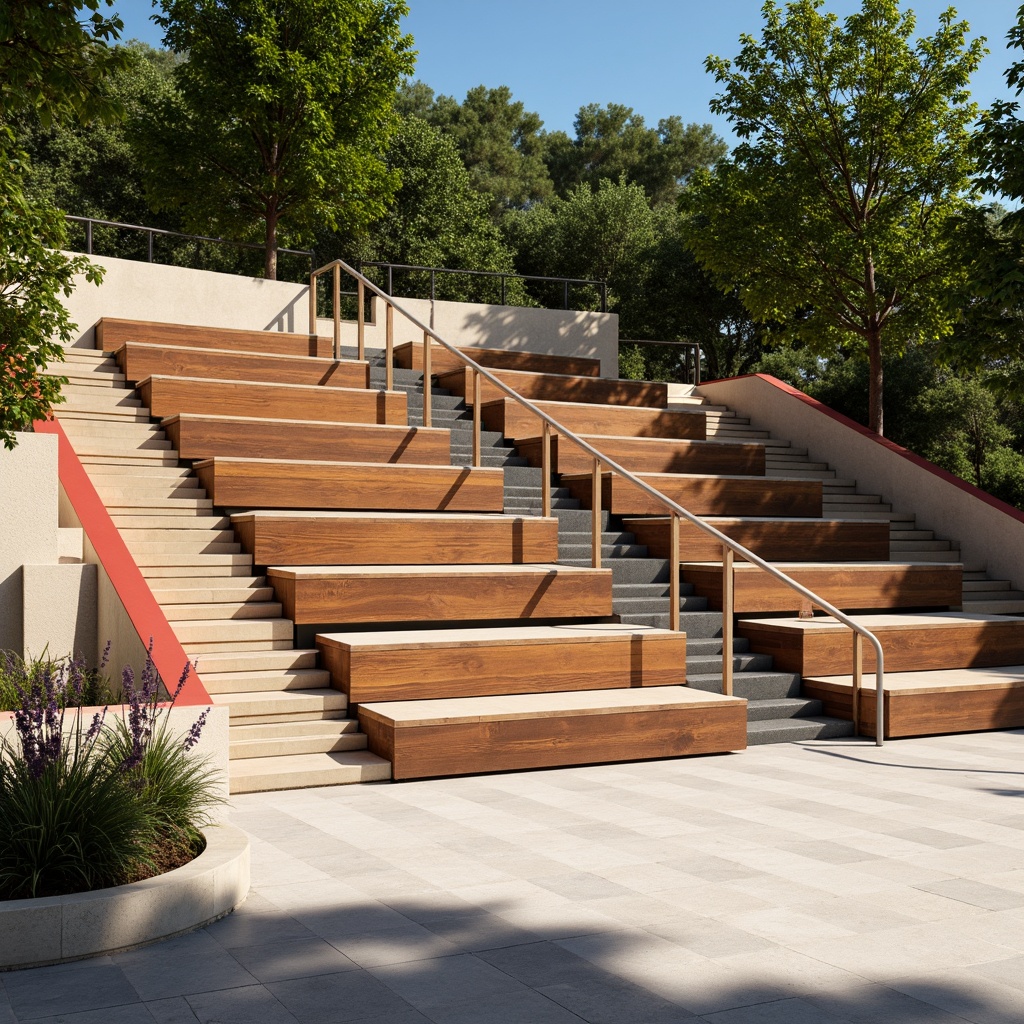 Prompt: Amphitheater seating arrangement, tiered levels, wooden benches, modern minimalist design, sleek metal handrails, bold color accents, geometric patterned flooring, natural stone walls, lush greenery surroundings, warm sunny day, soft diffused lighting, shallow depth of field, 1/1 composition, realistic textures, ambient occlusion.