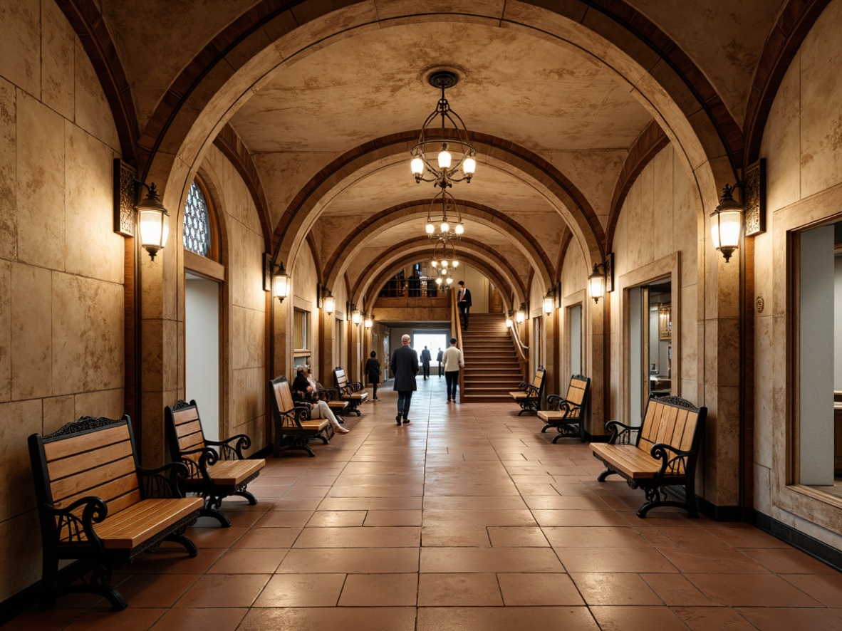 Prompt: Rustic metro station, distressed stone walls, vintage lanterns, ornate ironwork, curved wooden benches, elegant chandeliers, soft warm lighting, terracotta flooring, earthy color palette, natural stone columns, arched ceilings, classic French country style, intricate moldings, decorative tiles, grand staircases, lavish furnishings, subtle patterns, warm beige tones, soft focus, shallow depth of field, 1/1 composition, realistic textures.