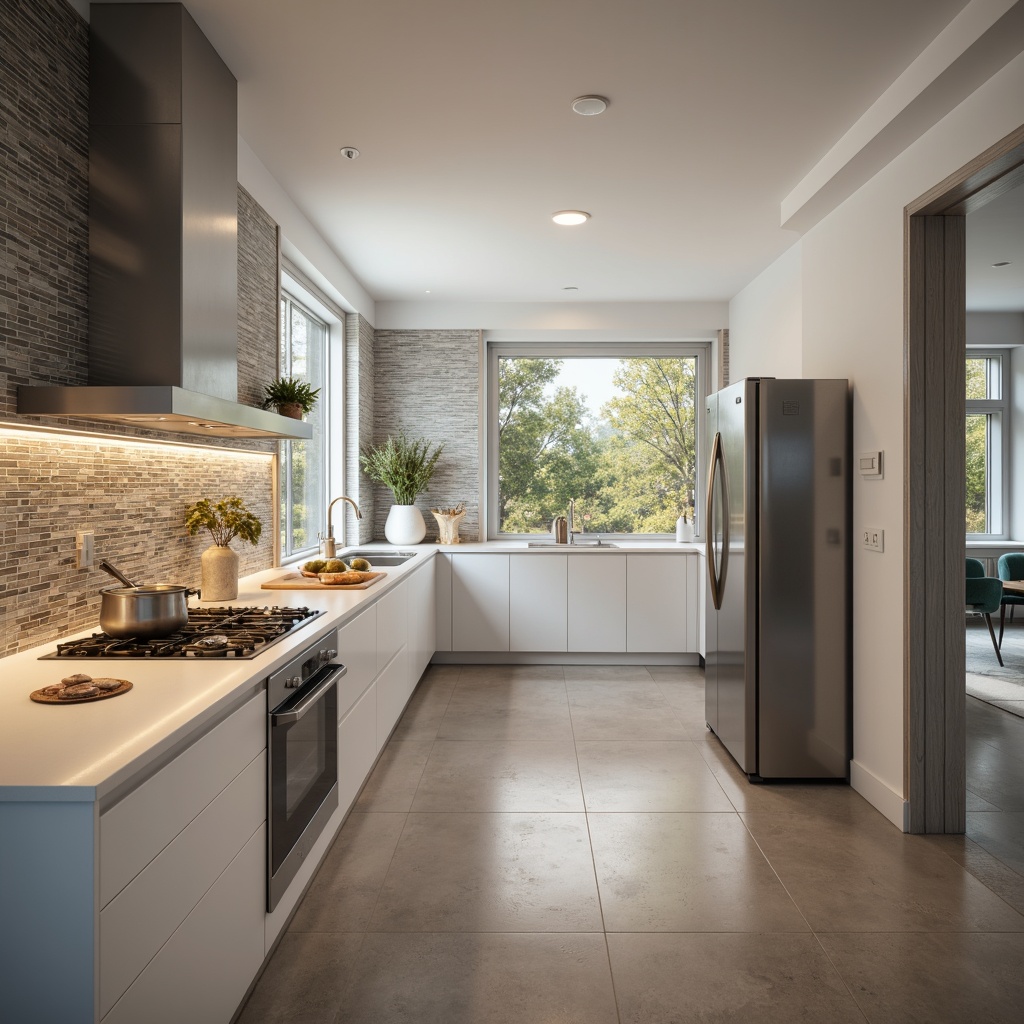 Prompt: Contemporary kitchen, sleek countertops, glossy white cabinets, stainless steel appliances, modern LED lighting, glass tile backsplash, subtle texture, soft warm glow, shallow depth of field, 3/4 composition, realistic reflections, ambient occlusion.