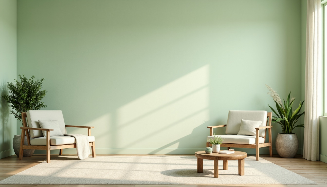 Prompt: Soft light green walls, calming atmosphere, natural textures, minimalist decor, wooden furniture, earthy accents, pastel color palette, serene ambiance, warm white lighting, shallow depth of field, 1/2 composition, realistic renderings, ambient occlusion, subtle gradient effects.