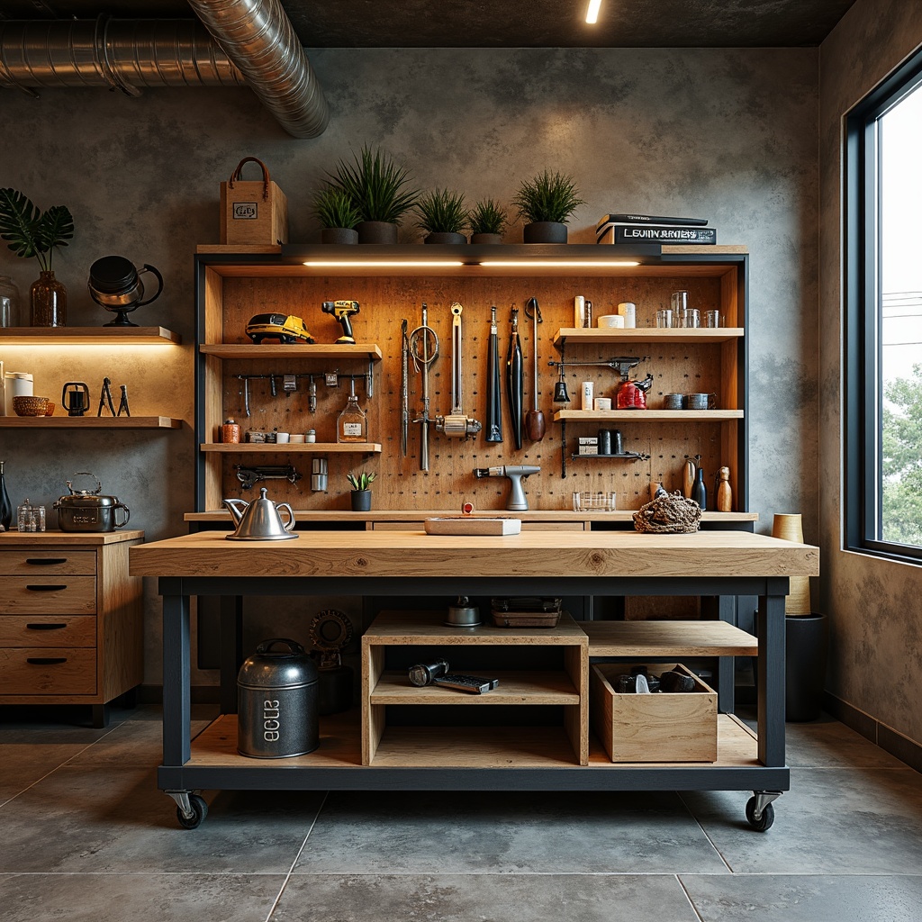 Prompt: Industrial-style workbench, wooden top, metal legs, rustic finishing, ample storage, built-in vise, pegboard backing, hanging tool organizers, overhead lighting, adjustable shelving, ergonomic design, comfortable standing height, durable construction, oil-resistant coating, cordless power tools, organized workspace, natural stone flooring, concrete walls, exposed ductwork, industrial-style decor, modern garage ambiance, warm task lighting, shallow depth of field, 1/1 composition.