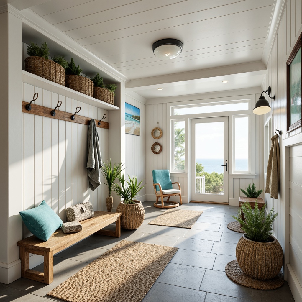 Prompt: Coastal-style mudroom, driftwood benches, woven sea grass baskets, natural fiber rugs, whitewashed wooden walls, nautical rope accents, distressed metal hooks, ocean-inspired artwork, calming blue and green color palette, soft warm lighting, shallow depth of field, 3/4 composition, panoramic view, realistic textures, ambient occlusion.