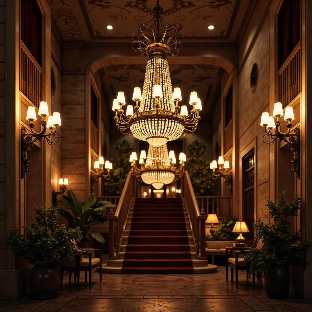 Prompt: Ornate chandeliers, crystal drops, intricate metalwork, bronze finishes, vintage lamp shades, ornamental sconces, gas lantern-inspired designs, distressed wooden accents, rich fabrics, luxurious drapery, grand staircases, opulent ballrooms, warm golden lighting, soft candlelight, dramatic shadowing, 3/4 composition, high contrast ratio, realistic textures, ambient occlusion.