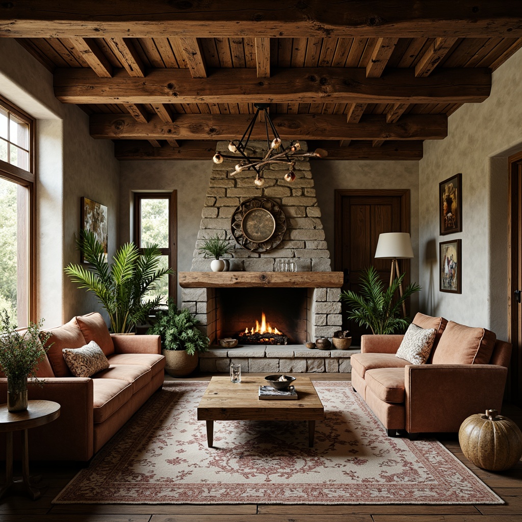 Prompt: Rustic farmhouse, vintage charm, ornate metalwork, flowing organic lines, intricate wooden carvings, earthy color palette, natural stone walls, reclaimed wood floors, plush velvet upholstery, antique bronze hardware, distressed leather accents, whimsical botanical patterns, soft warm lighting, shallow depth of field, 2/3 composition, intimate cozy atmosphere, realistic textures, ambient occlusion.