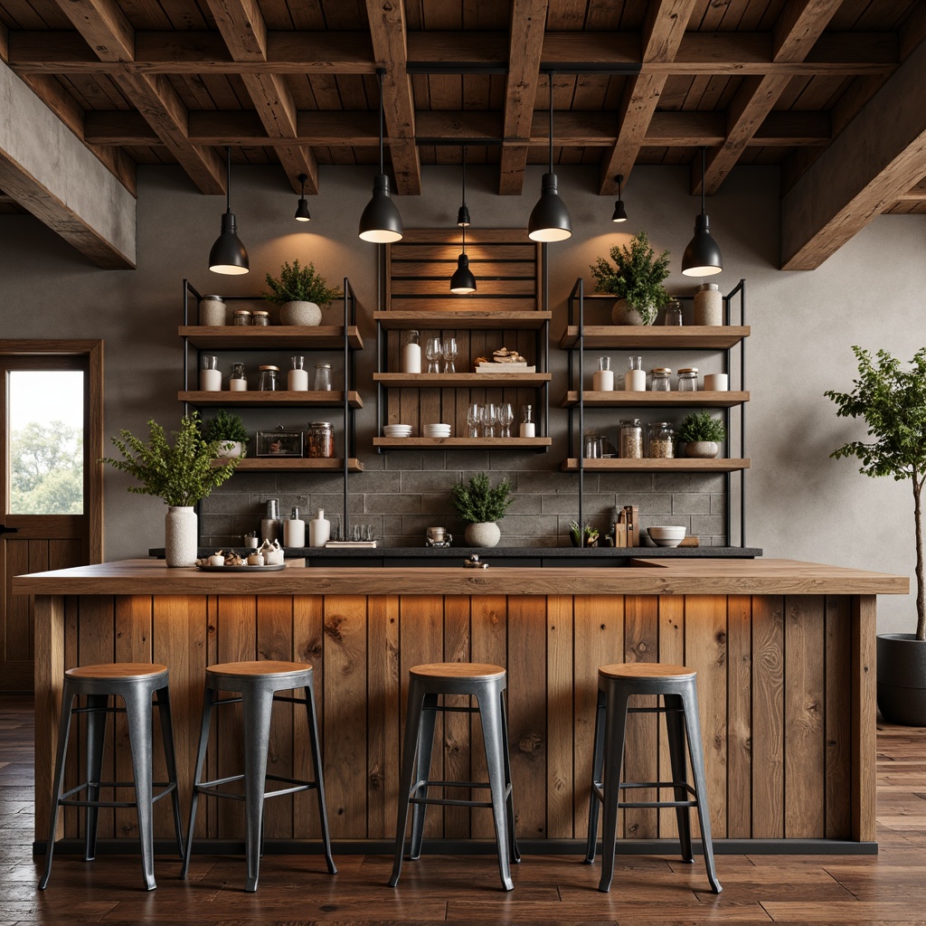 Prompt: Rustic farmhouse bar counter, reclaimed wood planks, galvanized metal accents, vintage pendant lights, earthy color palette, natural stone walls, wooden crates, metal stools, distressed finishes, modern farmhouse style, elegant glassware, rich leather upholstery, warm candlelight, cozy atmosphere, shallow depth of field, 2/3 composition, soft focus, realistic textures.