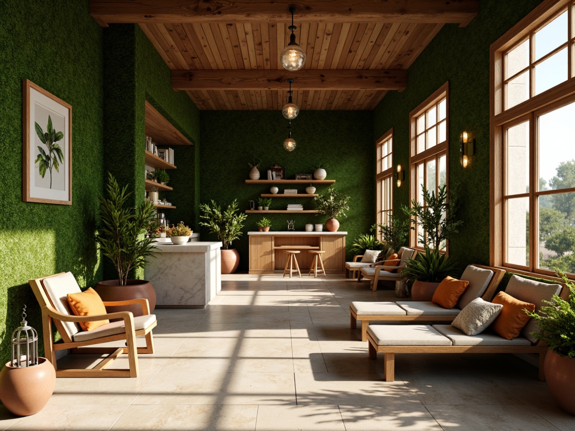 Prompt: Moss green walls, natural stone floors, wooden accents, earthy terracotta pots, lush greenery, soft warm lighting, creamy white marble countertops, woven rattan furniture, organic shapes, botanical prints, vintage metal lanterns, distressed wood textures, cozy reading nooks, serene atmosphere, shallow depth of field, 1/1 composition, realistic materials, ambient occlusion.