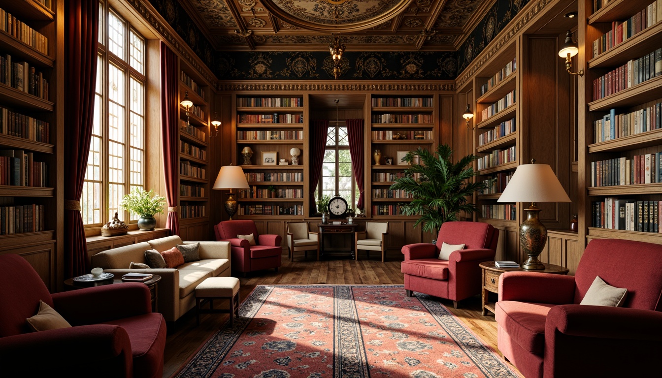 Prompt: Richly ornate bookshelves, intricately carved wooden panels, velvet upholstered armchairs, bronze lamp fixtures, luxurious leather-bound books, ornamental metalwork, stained glass windows, warm golden lighting, high ceilings, elaborate moldings, Victorian-era inspired typography, rustic wooden floors, cozy reading nooks, plush area rugs, decorative bookends, antique clock displays, elegant chandeliers, refined lace curtains, soft warm colors, 1/1 composition, shallow depth of field, realistic textures.