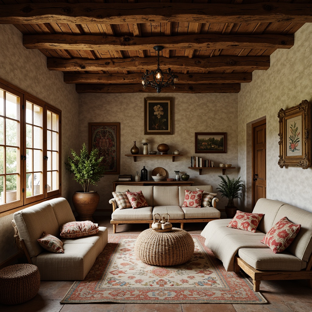 Prompt: Rustic farmhouse, natural stone walls, wooden beams, floral patterns, ornate ironwork, curved lines, organic shapes, earthy tones, vintage textiles, embroidered fabrics, woven baskets, rattan furniture, distressed wood accents, soft warm lighting, shallow depth of field, 1/2 composition, intimate view, realistic textures, ambient occlusion.