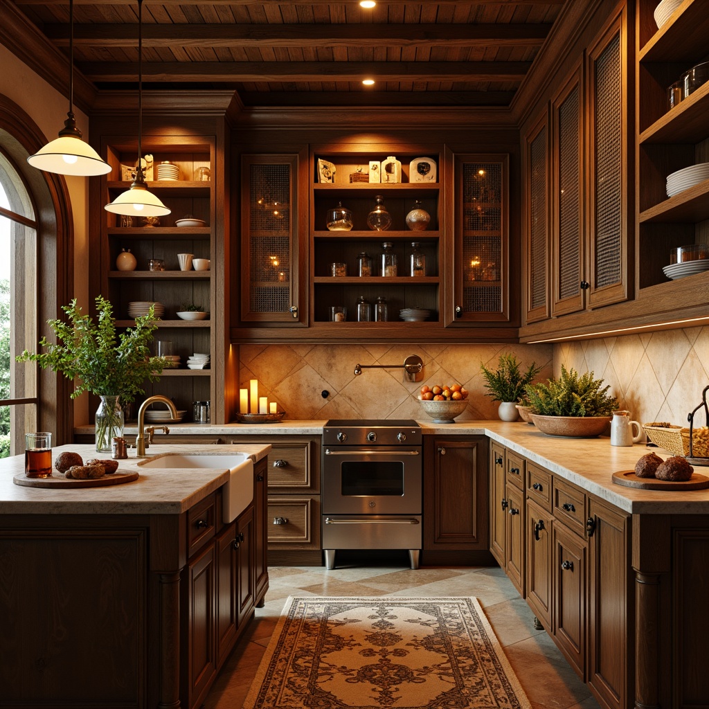 Prompt: Warm pantry, Renaissance-style cabinetry, ornate metal hardware, rich wood tones, soft warm lighting, ambient occlusion, subtle shadows, golden hour glow, candles, pendant lamps, rustic wooden shelves, vintage apothecary jars, distressed finishes, earthy color palette, natural stone countertops, farmhouse sink, classic architectural details, elegant curves, refined textures, shallow depth of field, 1/1 composition, realistic reflections.