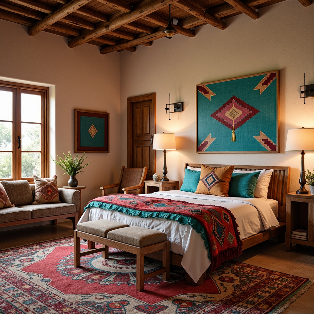 Prompt: Vibrant Southwestern style bedroom, plush area rug, bold geometric patterns, turquoise accents, rich wood furniture, natural stone walls, woven textiles, colorful Navajo-inspired blankets, embroidered pillows, soft warm lighting, shallow depth of field, 3/4 composition, realistic textures, ambient occlusion, adobe-style architecture, rustic wooden beams, earthy tone color palette, cozy reading nook, comfortable seating area.