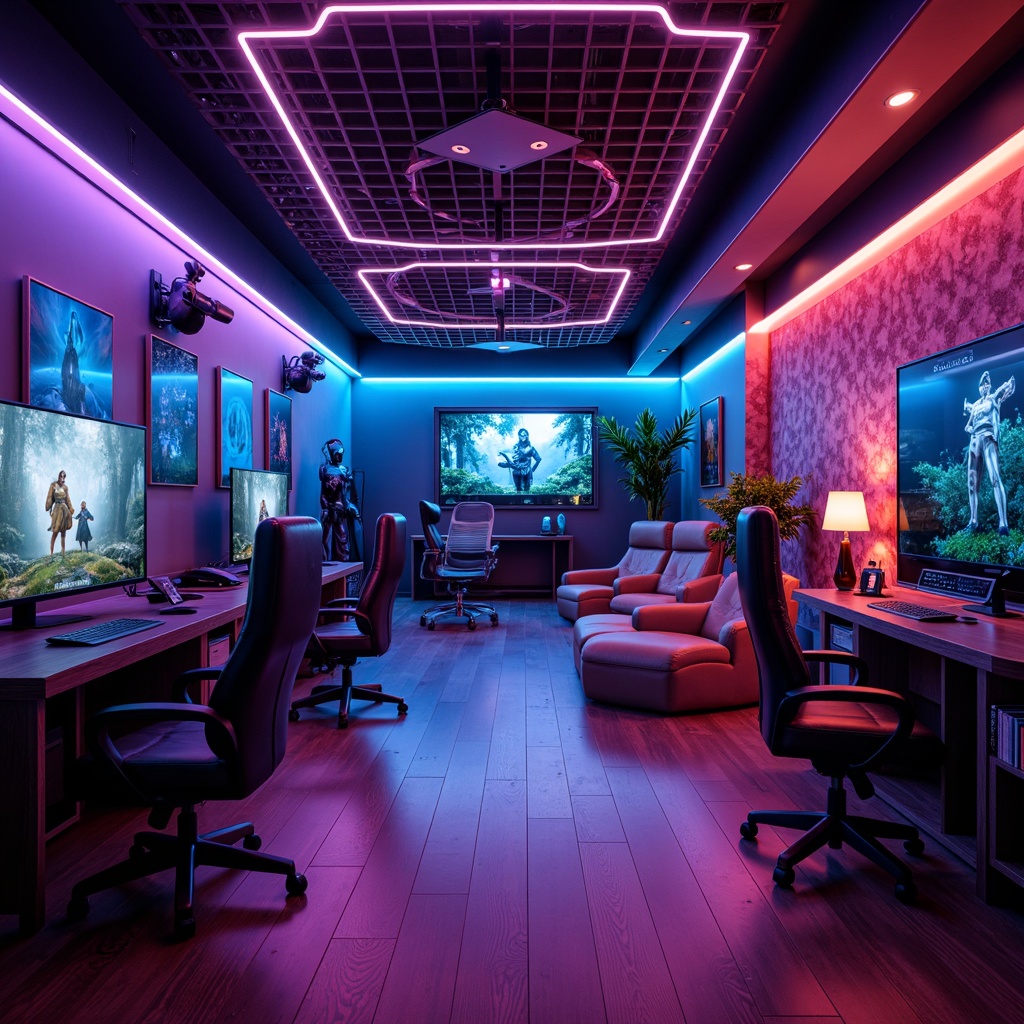 Prompt: Vibrant game room, neon-colored accents, futuristic lighting fixtures, LED strips, ambient glow, cozy atmosphere, comfortable seating, gaming stations, high-tech consoles, virtual reality setups, dynamic color changing lights, strobe effects, dark tones, metallic surfaces, sleek lines, modern minimalist design, indirect illumination, warm color temperature, soft shadows, 1/2 composition, cinematic lighting, dramatic contrasts, realistic textures.