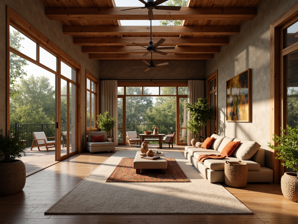 Prompt: Cozy craftsman interior, wooden accents, earthy tones, natural stone walls, large windows, sliding glass doors, skylights, clerestory windows, open floor plans, minimal obstruction, rustic wooden beams, warm soft lighting, morning sunlight, afternoon glow, gentle shadows, 1/1 composition, symmetrical balance, authentic textures, warm color palette, earthy scents, natural fabrics, woven baskets, potted plants, comfortable furnishings.