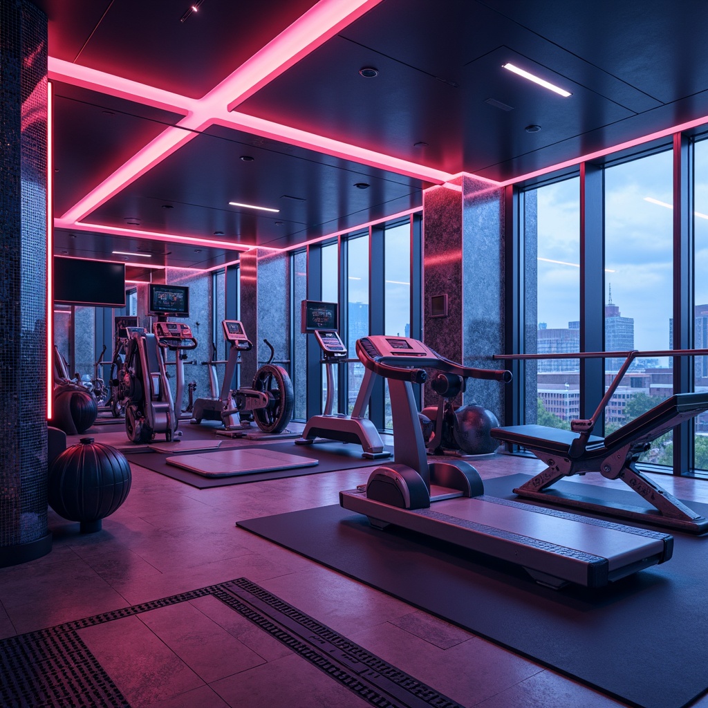 Prompt: Futuristic home gym, neon-lit ambiance, LED strips, glowing accents, metallic surfaces, high-tech equipment, minimalist decor, floor-to-ceiling windows, cityscape views, sleek lines, geometric patterns, iridescent colors, ambient occlusion, softbox lighting, 1/1 composition, shallow depth of field, realistic textures, vibrant color palette, atmospheric fog, dynamic shadows.