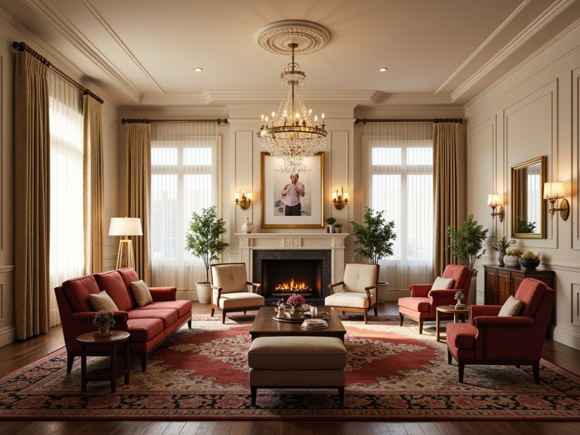 Prompt: Elegant family room, neoclassical architecture, ornate moldings, crystal chandeliers, warm soft lighting, golden sconces, creamy white walls, rich wood furniture, plush velvet sofas, intricate rug patterns, tall windows, draped curtains, subtle ambient glow, 1/1 composition, realistic textures, softbox lighting, warm color temperature.