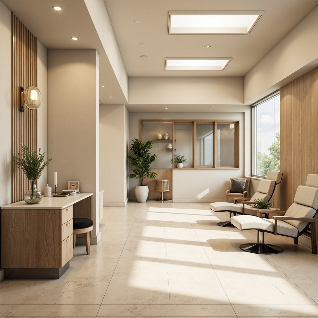 Prompt: Calming healthcare facility, neutral color scheme, soothing beige walls, polished chrome fixtures, comfortable patient chairs, natural wood accents, soft cream flooring, minimalist decor, abundant natural light, floor-to-ceiling windows, subtle texture variations, serene ambiance, gentle lighting transitions, shallow depth of field, 1/1 composition, realistic renderings, ambient occlusion.