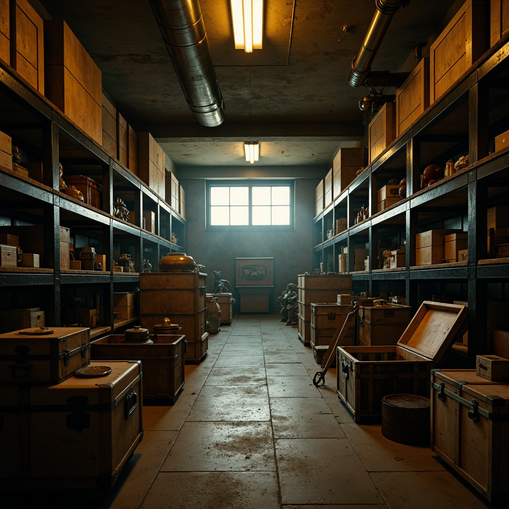 Prompt: Dramatic storage room, dimly lit atmosphere, eerie shadows, flickering fluorescent lights, exposed ductwork, industrial metal shelving, distressed concrete walls, worn wooden crates, mysterious old trunks, dusty vintage artifacts, abandoned machinery, warm golden spotlights, high contrast ratio, dramatic chiaroscuro, cinematic composition, moody color palette.