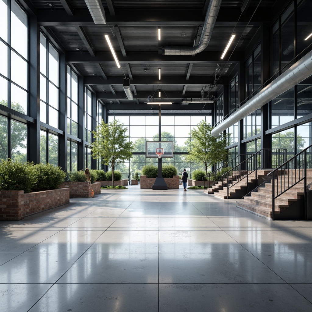 Prompt: Polished concrete floors, industrial metal beams, minimalist bleachers, sleek basketball hoops, modern LED lighting, transparent glass walls, sparse greenery, exposed ductwork, urban aesthetic, monochromatic color scheme, brutalist architecture, functional layout, natural ventilation, abundant daylight, softbox lighting, shallow depth of field, 2/3 composition, symmetrical framing.