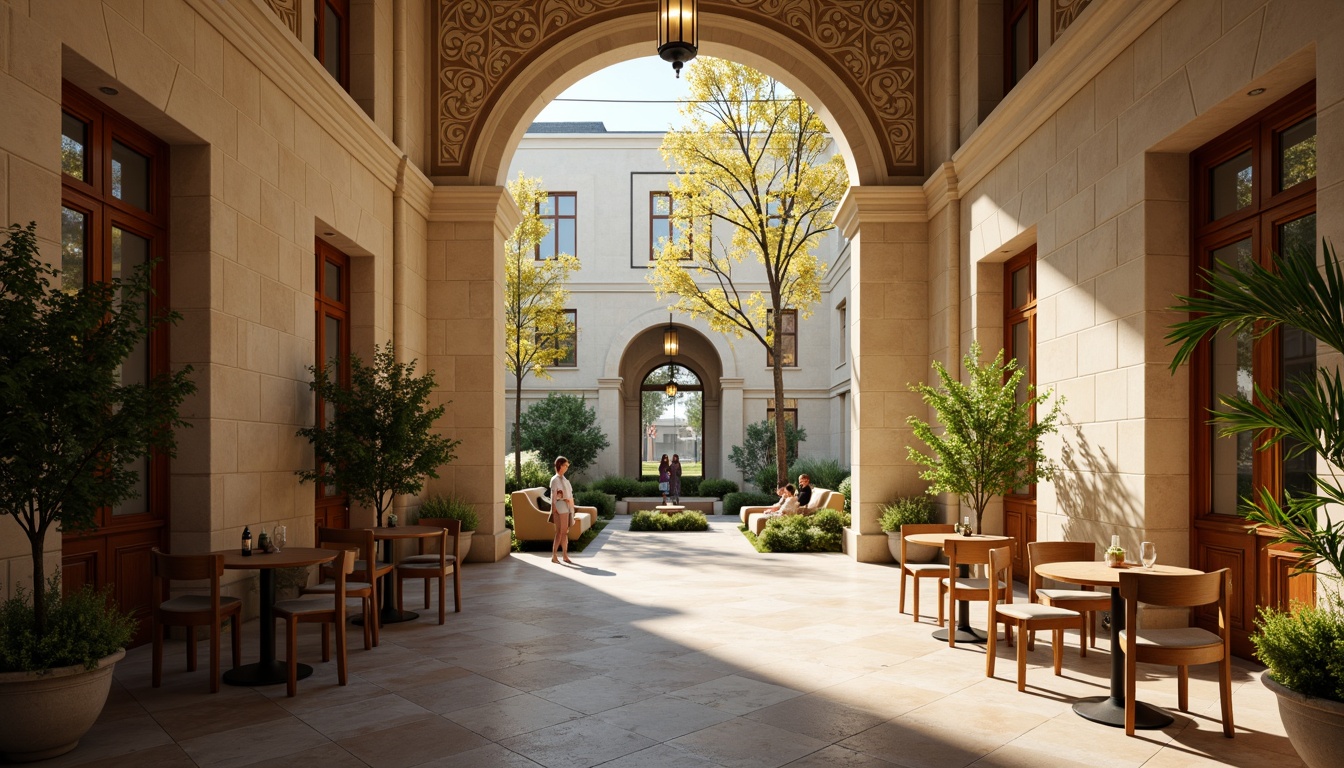 Prompt: Elegant student hall, cream-colored stone fa\u00e7ade, grand entrance, ornate details, warm golden lighting, pendant lamps, cozy reading nooks, wooden tables, comfortable seating areas, greenery-filled courtyard, natural light pouring in, soft shadows, 1/1 composition, realistic textures, ambient occlusion, afternoon sunlight, subtle color contrast, harmonious atmosphere.