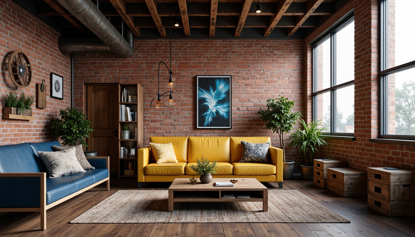 Prompt: Exposed brick walls, metal beams, reclaimed wood floors, industrial chic decor, vibrant color accents, bold yellow furniture, deep blue tones, rich red hues, distressed leather sofas, metal Edison lamps, rustic wooden crates, urban loft atmosphere, natural light pouring in, gritty concrete textures, 3/4 composition, shallow depth of field, realistic shadows.