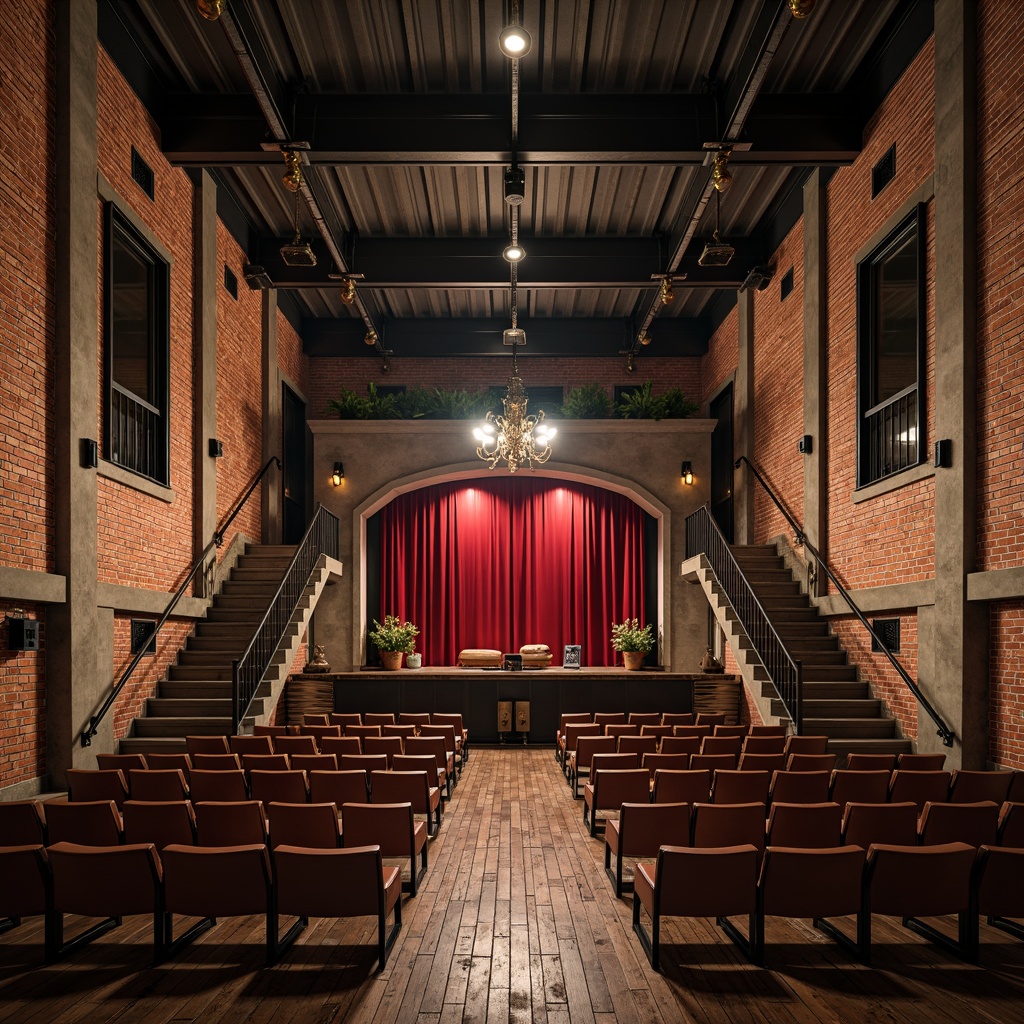 Prompt: Exposed brick walls, industrial metal beams, reclaimed wood floors, vintage theater seats, rustic leather upholstery, ornate golden fixtures, dramatic stage lighting, crimson red curtains, avant-garde art installations, distressed concrete pillars, metallic staircases, urban loft atmosphere, warm dimmed lighting, 1/2 composition, atmospheric fog, realistic textures, cinematic camera angles.