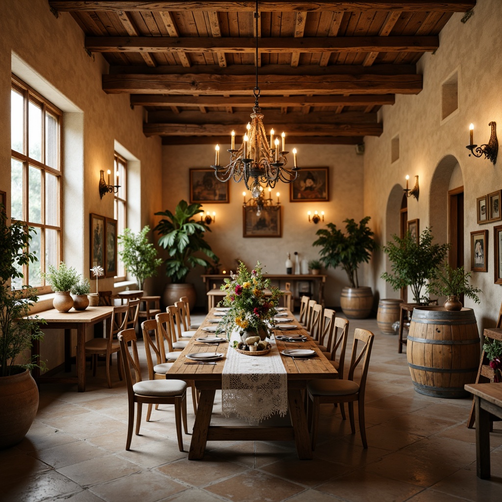 Prompt: Rustic winery, distressed wooden accents, vintage metalware, ornate chandeliers, soft candlelight, warm beige stonework, natural grapevine elements, earthy terracotta pots, overflowing flower arrangements, lace table runners, antique furniture pieces, weathered wooden barrels, soft pastel color palette, warm golden lighting, shallow depth of field, 1/1 composition, realistic textures, ambient occlusion.