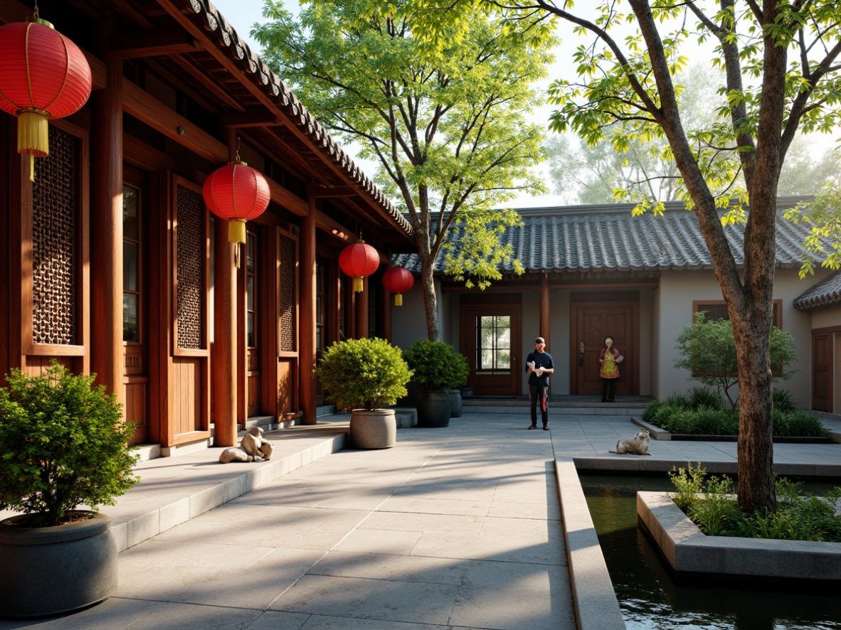 Prompt: Traditional Chinese courtyard, intricately carved wooden doors, vibrant red lanterns, ornate tile roofs, lush green bamboo, majestic stone lions, cultural heritage symbols, serene water features, peaceful koi ponds, natural stone pathways, delicate cherry blossom trees, soft warm lighting, shallow depth of field, 3/4 composition, panoramic view, realistic textures, ambient occlusion.