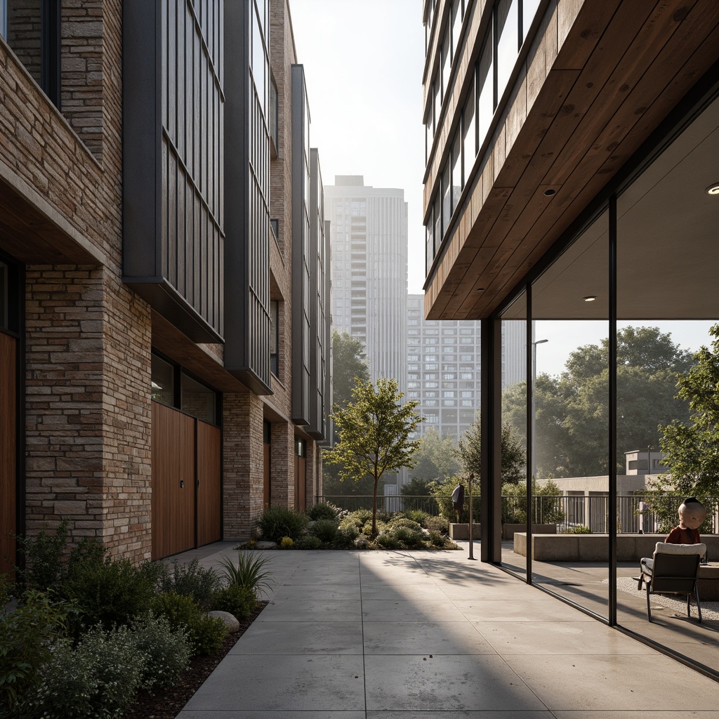 Prompt: Rough stone walls, exposed brick facades, wooden accents, metallic cladding, glass curtain walls, sleek concrete floors, weathered copper roofs, industrial chic aesthetic, modern brutalist architecture, minimalist decor, natural light pouring, shallow depth of field, 3/4 composition, realistic textures, ambient occlusion, urban cityscape background, misty morning atmosphere, soft warm lighting.