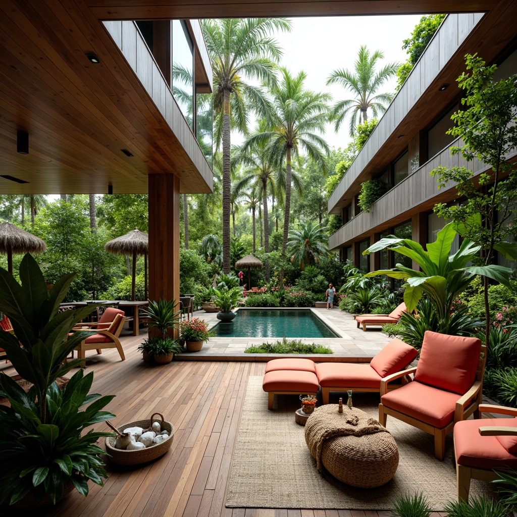 Prompt: Lush tropical interior, exotic potted plants, palm trees, vibrant green leaves, colorful flowers, rattan furniture, natural textiles, woven baskets, wooden accents, earthy tones, warm lighting, cozy ambiance, modern minimalism, open floor plan, sliding glass doors, pool views, outdoor connections, tropical hardwood floors, natural stone walls, eclectic decor, global-inspired patterns, bold bright colors, lush foliage, overhead skylights, airy atmosphere.