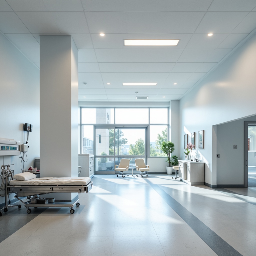 Prompt: Modern hospital interior, minimalist decor, sleek metal equipment, sterile white surfaces, functional layout, efficient use of space, natural light, calming ambiance, simple color palette, clean lines, minimal ornamentation, compact furniture, wall-mounted fixtures, sliding glass doors, open floor plan, circular columns, industrial-style lighting, soft shadows, shallow depth of field, 1/1 composition, realistic textures, ambient occlusion.