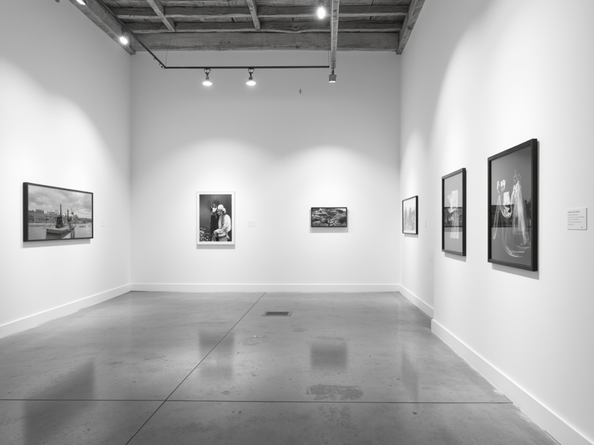 Prompt: Monochromatic gallery space, minimalist decor, clean white walls, polished concrete floors, subtle wood accents, modern track lighting, sparse artwork arrangement, simple black frames, neutral color palette, soft diffused light, shallow depth of field, 1/1 composition, panoramic view, realistic textures, ambient occlusion.