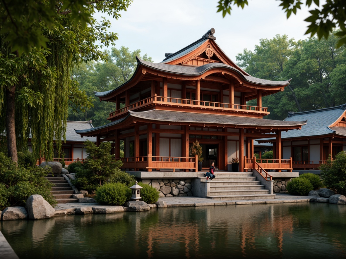 Prompt: Traditional Japanese pagoda, intricately carved wooden details, vibrant vermilion red accents, serene natural surroundings, peaceful koi pond, lush green bamboo forests, gentle water features, rustic stone lanterns, subtle paper lanterns, warm soft lighting, shallow depth of field, 3/4 composition, realistic textures, ambient occlusion.