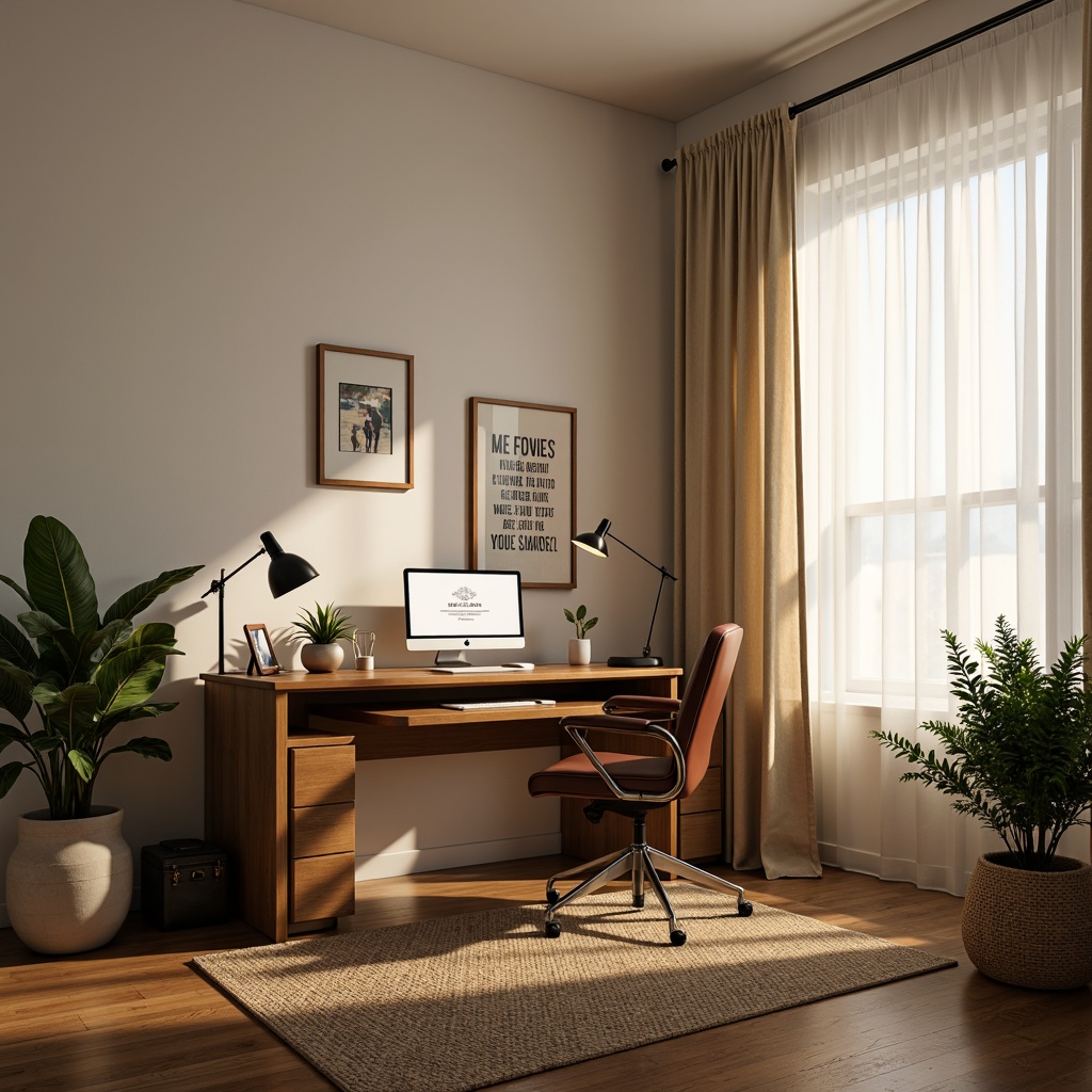 Prompt: Cozy home office, warm neutral tones, wooden desk, comfortable ergonomic chair, softbox lights, table lamps, floor lamps, natural daylight, sheer curtains, calm atmosphere, minimalist decor, organized workspace, inspiring artwork, motivational quotes, greenery plants, subtle color accents, layered lighting, 3-point lighting, ambient occlusion, realistic textures.