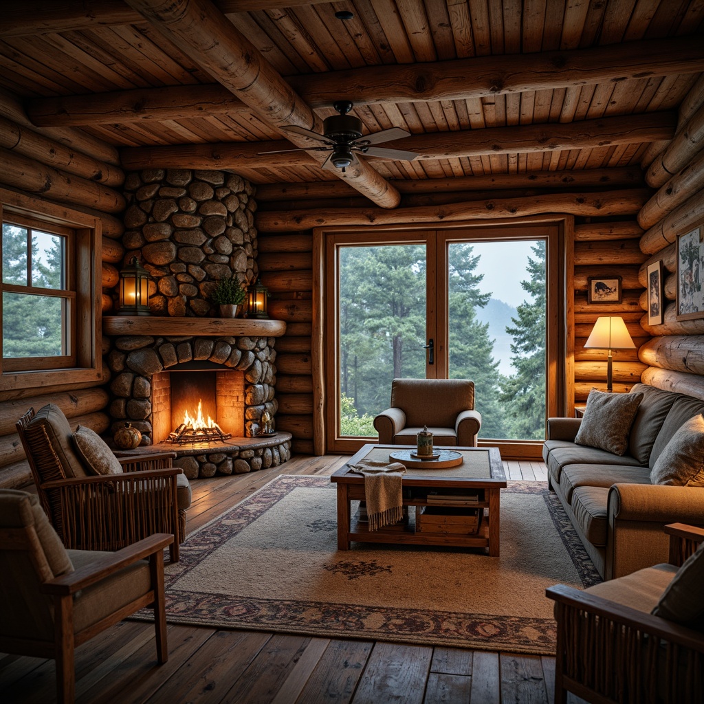 Prompt: Rustic cabin, wooden logs, earthy tones, natural stone walls, wooden beams, vintage furniture, woven textiles, cozy fireplace, crackling flames, warm soft lighting, lanterns, pine trees, forest surroundings, misty morning, shallow depth of field, 1/2 composition, realistic wood grain textures, ambient occlusion.