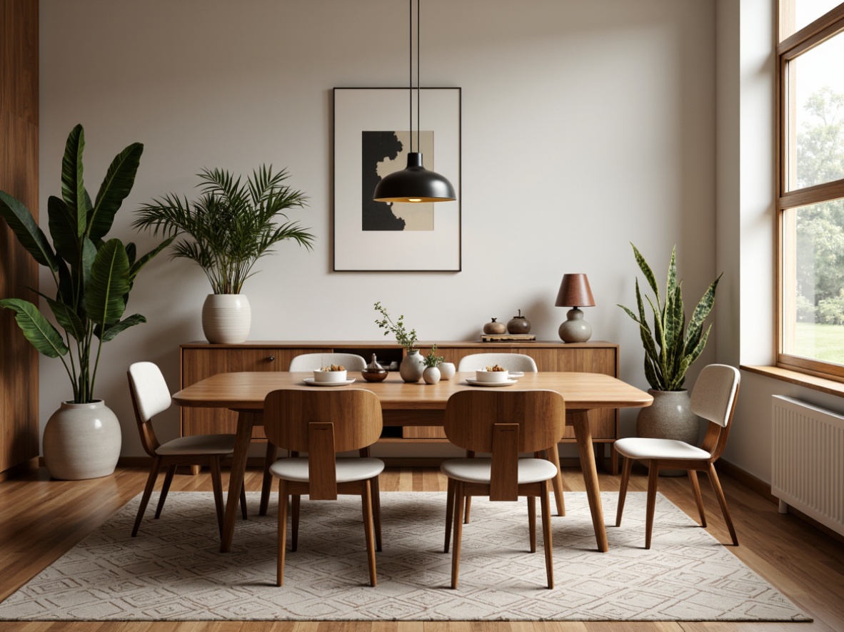 Prompt: Mid-century modern dining room, walnut wooden table, Eames chairs, tufted upholstery, geometric patterned rug, pendant light fixture, minimalist decor, natural wood tones, earthy color palette, organic shapes, tapered legs, sleek lines, retro-inspired accessories, vintage decorative pieces, warm ambient lighting, shallow depth of field, 1/1 composition, realistic textures.