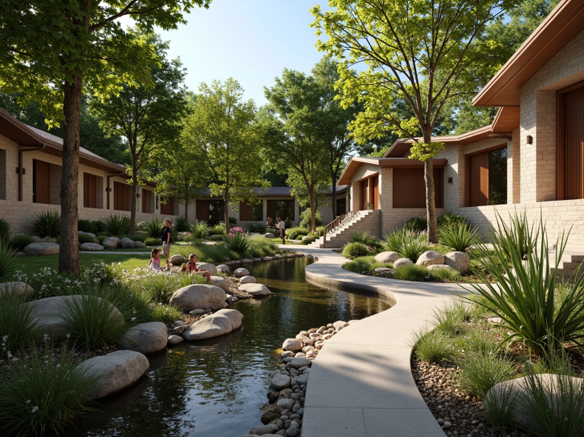 Prompt: Lush greenery, thriving trees, blooming flowers, sparkling water features, natural stone walls, wooden accents, earthy tones, organic shapes, curved lines, free-flowing architecture, blending with surroundings, harmonious coexistence, warm sunlight, soft gentle breeze, shallow depth of field, 1/1 composition, intimate atmosphere, realistic textures, ambient occlusion.