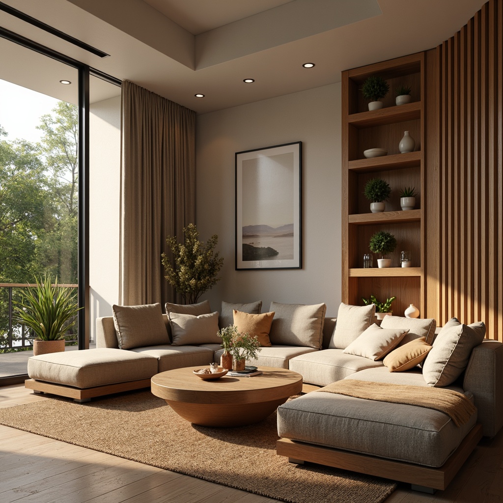 Prompt: Cozy living room, plush velvet sofas, soft woven blankets, natural linen fabrics, earthy tone color palette, warm golden lighting, minimalist coffee table, decorative vases, lush green plants, floor-to-ceiling windows, modern minimalist architecture, sleek wooden flooring, ambient occlusion, realistic textures, shallow depth of field, 3/4 composition.