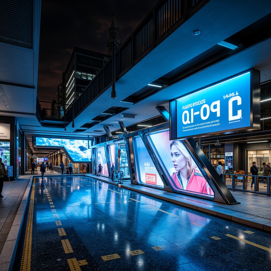 Prompt: Futuristic bus station, sleek metallic exterior, iridescent glass fa\u00e7ade, neon-lit LED signage, polished chrome accents, glossy black granite flooring, minimalist steel columns, cantilevered roof structures, dynamic angular lines, aerodynamic shapes, high-tech ticketing systems, holographic displays, virtual information boards, atmospheric misting system, soft blue ambient lighting, shallow depth of field, 3/4 composition, panoramic view, realistic reflections, advanced sustainable energy solutions.