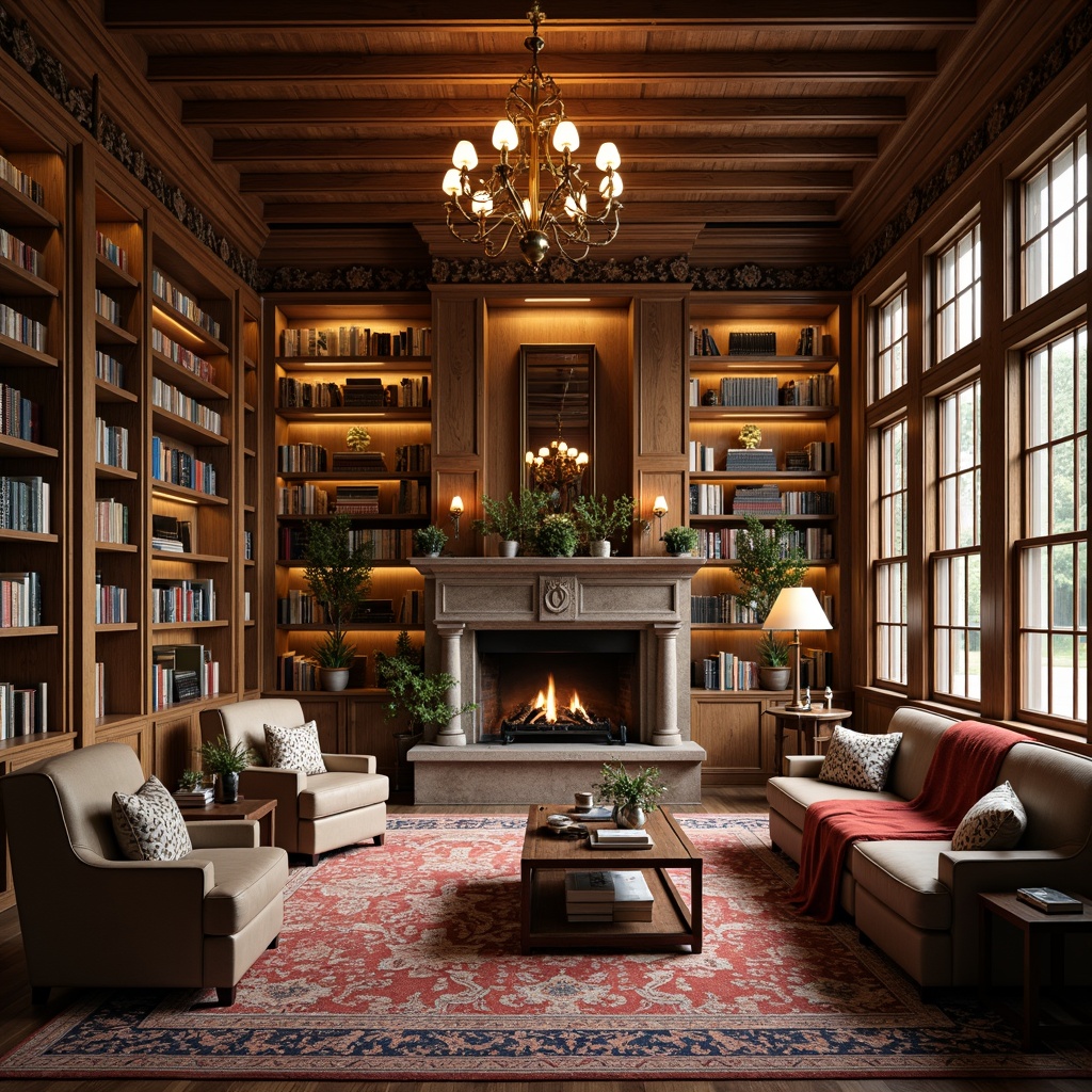 Prompt: Cozy library atmosphere, warm wood tones, rich walnut bookshelves, plush carpeting, comfortable reading nooks, soft golden lighting, elegant chandeliers, vintage leather armchairs, rustic stone walls, floor-to-ceiling windows, natural fabrics, earthy color scheme, muted greenery, classic literature displays, intricate wooden carvings, sophisticated architectural details, warm beige tones, creamy whites, soothing blues, rich red accents, 1/2 composition, shallow depth of field, soft focus effect.