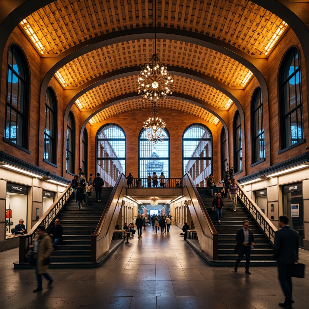 Prompt: Vibrant train station, dramatic arches, grand staircases, ornate ceilings, lavish chandeliers, warm golden lighting, soft glow, accent spotlights, dynamic beam projections, futuristic LED installations, urban cityscape, busy commuter scene, rush hour atmosphere, modern industrial architecture, exposed ductwork, polished steel surfaces, sleek glass partitions, bold color schemes, abstract geometric patterns, high-contrast shading, cinematic mood lighting, 1/2 composition, shallow depth of field, realistic renderings.