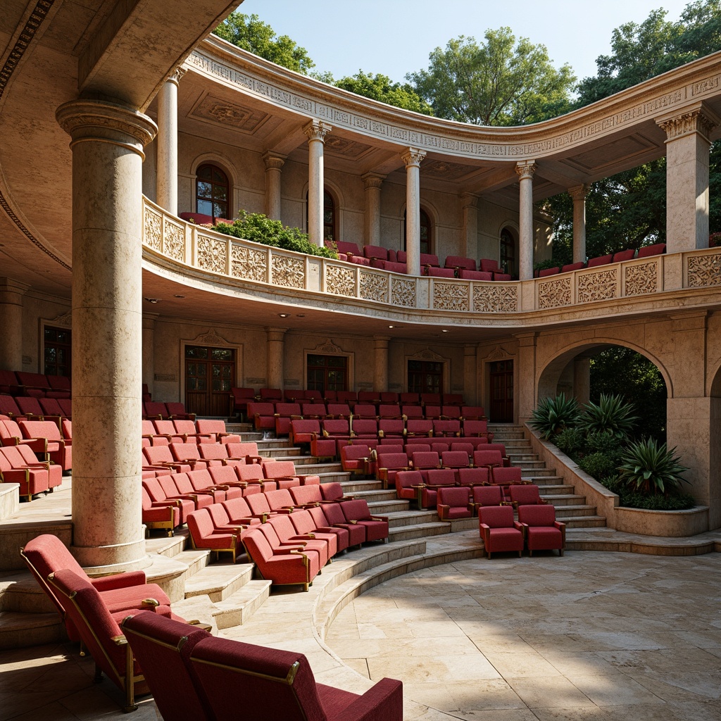 Prompt: Elegant amphitheater, tiered seating arrangement, ornate stone columns, curved marble rows, plush velvet seats, gilded metal armrests, intricate mosaic patterns, classic Greek-inspired architecture, lush greenery, natural stone walls, warm golden lighting, soft focus, shallow depth of field, 1/1 composition, realistic textures, ambient occlusion.