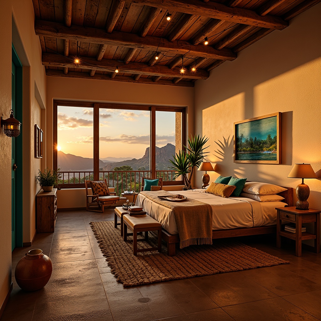 Prompt: Southwestern bedroom, warm earthy tones, rustic wooden furniture, woven textiles, vibrant turquoise accents, soft golden lighting, table lamps with terra cotta shades, floor lamps with rattan details, string lights with pendant lanterns, cozy reading nook, plush area rug, adobe-inspired walls, natural stone flooring, wooden ceiling beams, dramatic sunset views, warm ambient glow, shallow depth of field, 1/1 composition, softbox lighting.