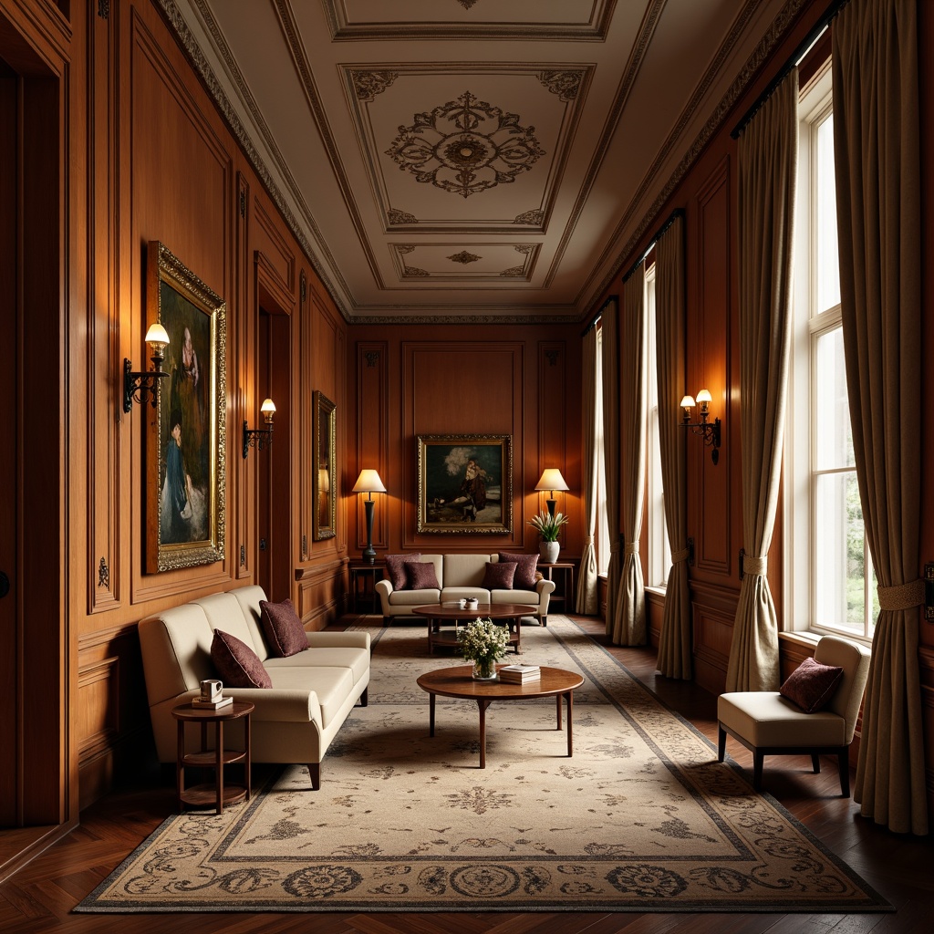 Prompt: Elegant classical interior, ornate wall moldings, rich wood paneling, textured velvet fabrics, subtle gold accents, refined plasterwork, intricate ceiling designs, soft warm lighting, shallow depth of field, 1/1 composition, realistic textures, ambient occlusion.