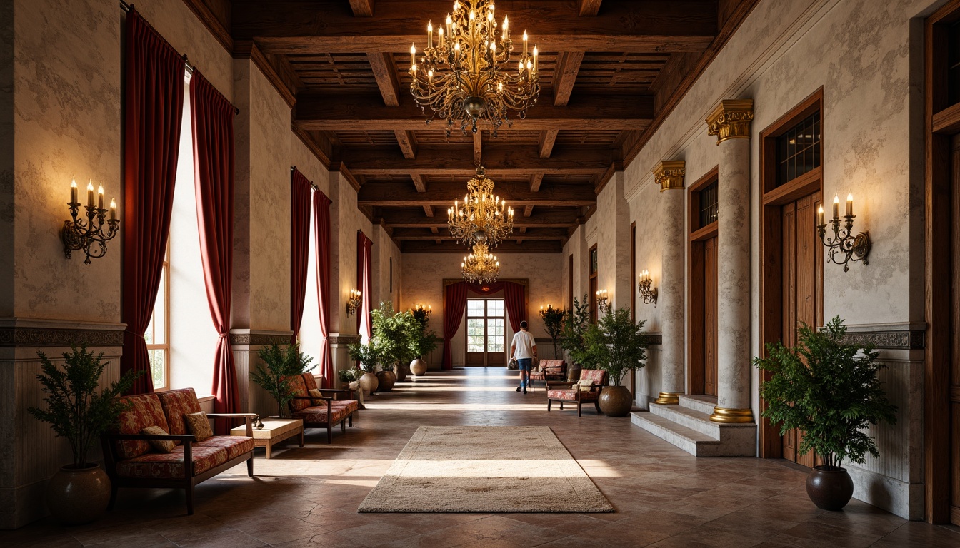 Prompt: Grand hall entrance, rustic stone walls, distressed wooden beams, ornate chandeliers, lavish furnishings, rich velvet drapes, intricate plaster ceiling, decorative wainscoting, ornamental pilasters, warm earthy tones, soft golden lighting, subtle texture variations, 1/1 composition, shallow depth of field, realistic reflections, ambient occlusion.