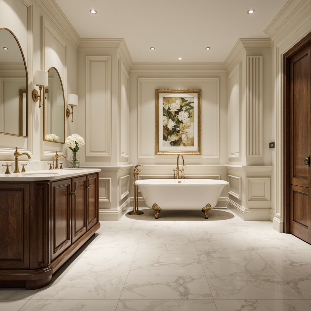 Prompt: Elegant marble countertops, soft cream-colored walls, ornate gold fixtures, vintage-inspired faucets, classic pedestal sink, luxurious freestanding tub, polished chrome hardware, rich walnut cabinetry, decorative molding details, subtle neutral color palette, ambient warm lighting, shallow depth of field, 1/1 composition, realistic textures, ambient occlusion.