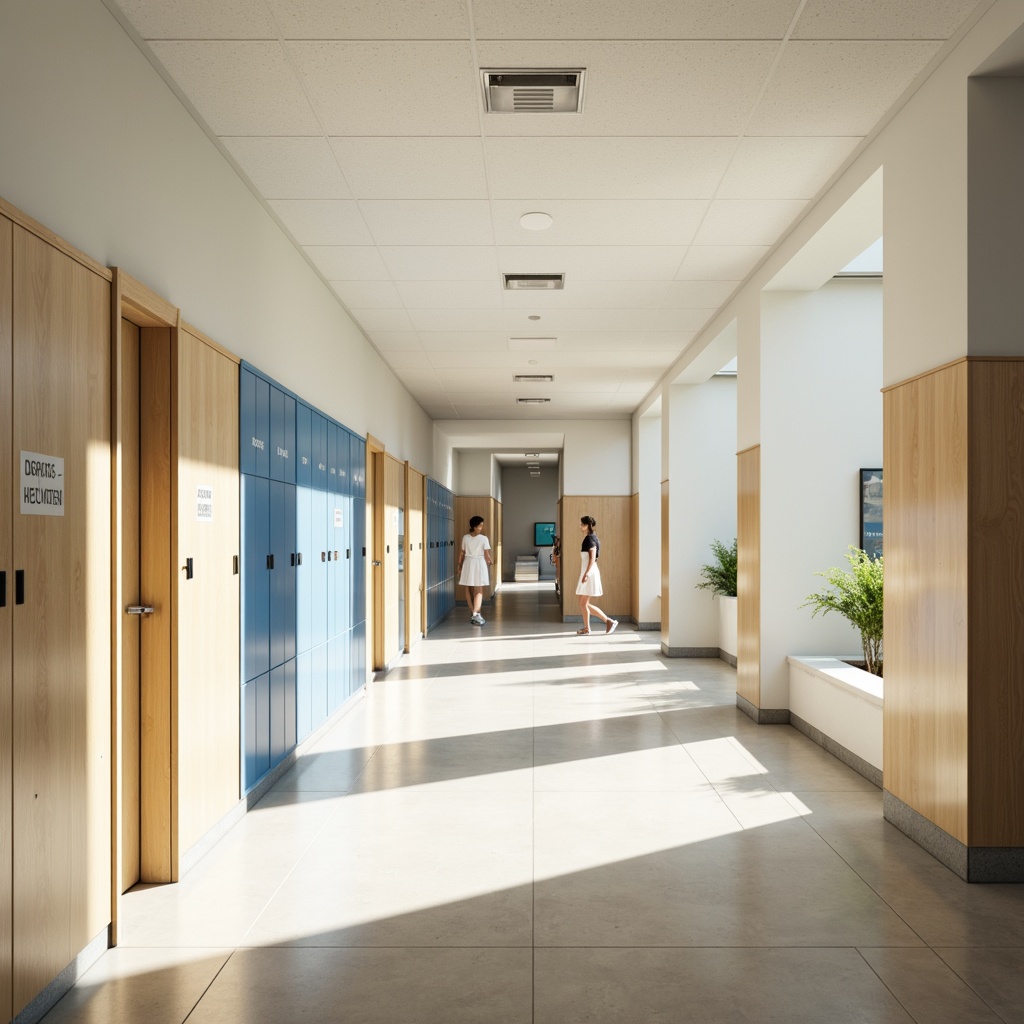 Prompt: Minimalist high school hallway, soft pastel colors, creamy whites, light wood tones, subtle grays, bold accent walls, modern typography, sleek metal lockers, polished concrete floors, natural light, airy atmosphere, 1/1 composition, shallow depth of field, softbox lighting, realistic textures, ambient occlusion.