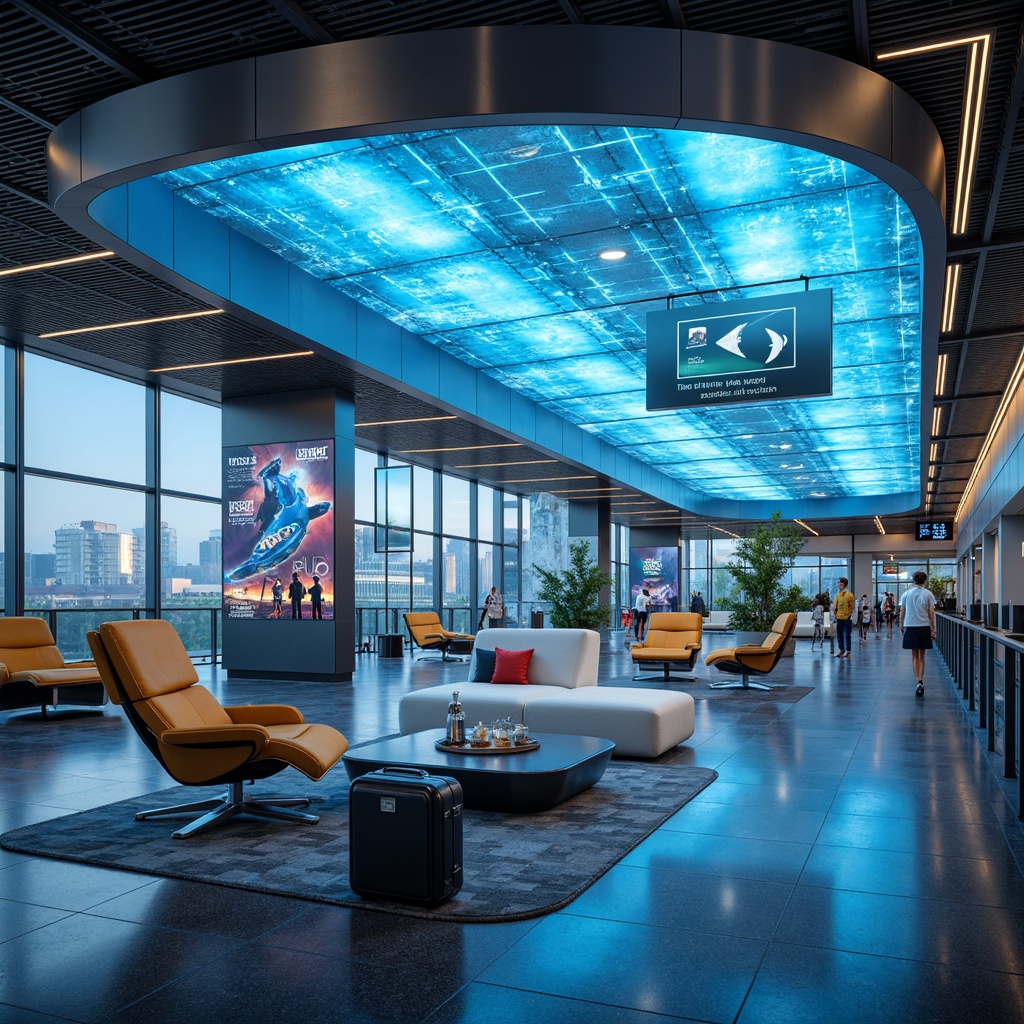 Prompt: Aerodynamic lounge chairs, metallic silver frames, neon-lit accents, holographic advertisements, futuristic airport terminals, sleek glass facades, curved LED screens, minimalist coffee tables, levitating luggage racks, high-tech charging stations, ambient blue lighting, 1/1 composition, shallow depth of field, panoramic view, realistic reflections, futuristic sound effects.