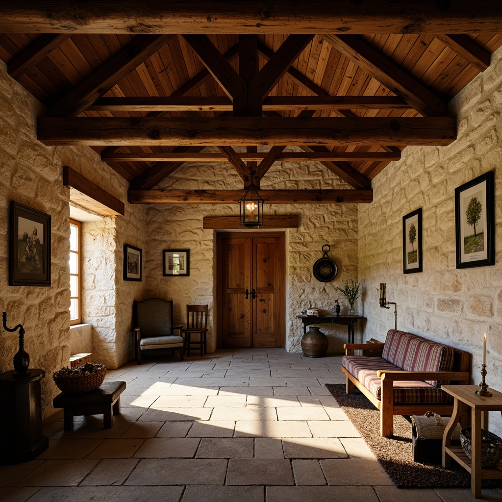 Prompt: Rustic hall interior, wooden beam ceiling, natural stone walls, earthy color palette, textured finishes, rough-hewn wood accents, vintage metal fixtures, distressed wooden furniture, warm candle lighting, soft shadows, 1/1 composition, shallow depth of field, realistic textures, ambient occlusion, cozy atmosphere, inviting warmth, traditional hall vernacular style.